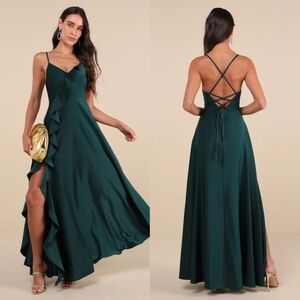 Lulus Stylish Grace Emerald Backless Lace-Up Ruffled Maxi Dress S Wedding Party